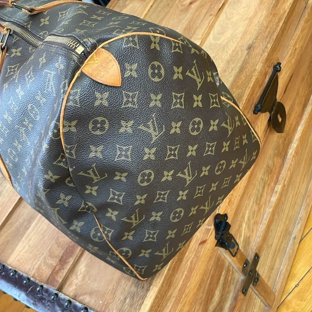 Louis Vuitton Brown Monogram Keepall Duffel with Tan Leather Trim